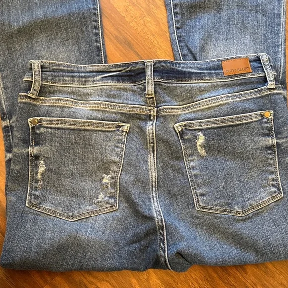 Judy Blue Distressed Denim, Button Fly, High Stretch, Flare Jeans, 32” Inseam - Picture 6 of 6